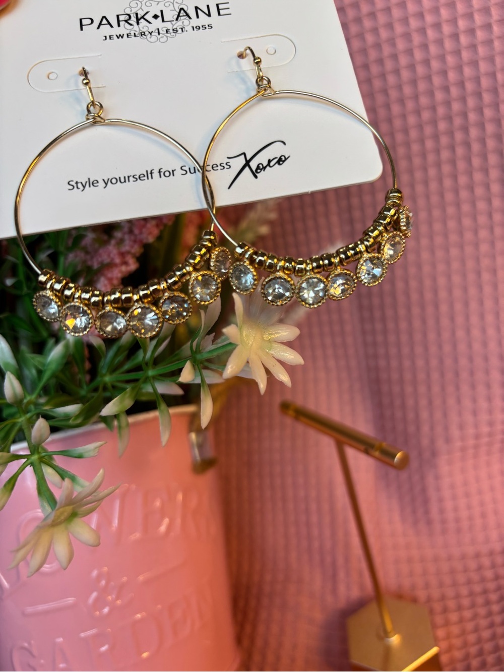Park Lane Dazzling Gold Hoop Earrings with Clear Crystal Accents - Picture 2 of 6